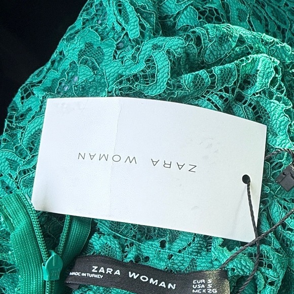 Zara Woman Emerald Green Floral Lace High Neck Bell Sleeve Flounce Mini Dress S - Picture 2 of 10